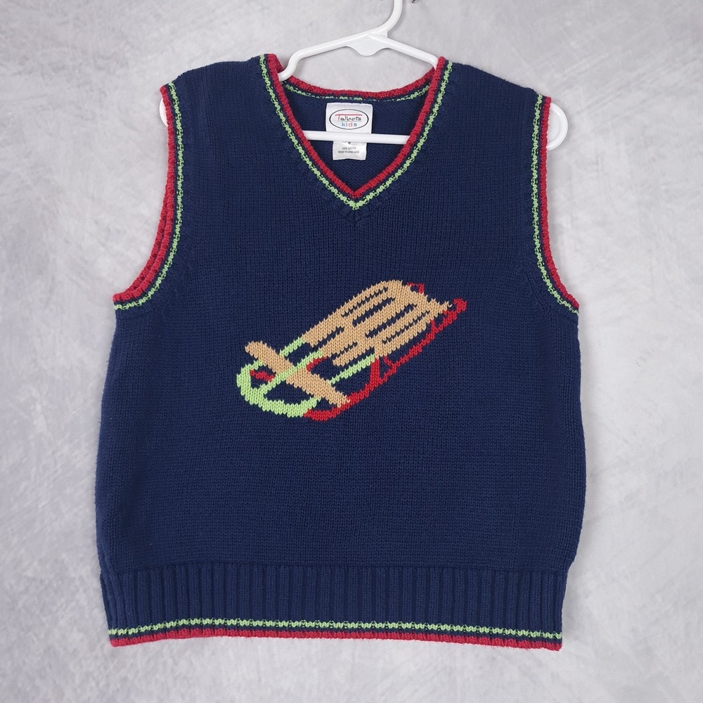 Vintage Talbots Kids Sweater Vest Boys 4 Blue Sled Graphic Knit Cotton Winter